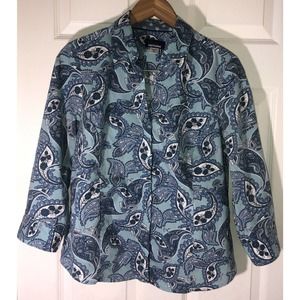 Basic Editions Womens Blue Paisley Button Up Top Size Med